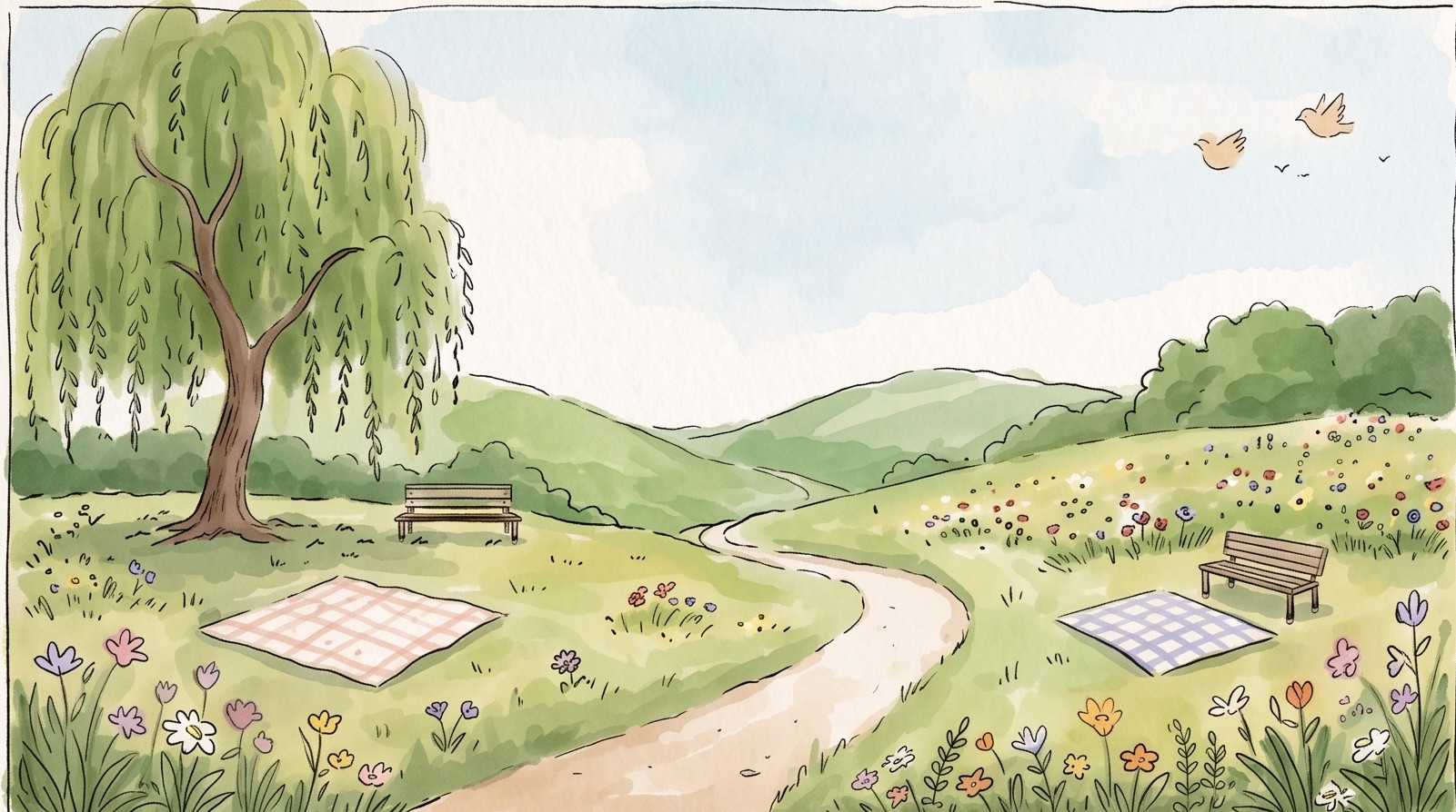 Illustrated quiet garden with a path and trees